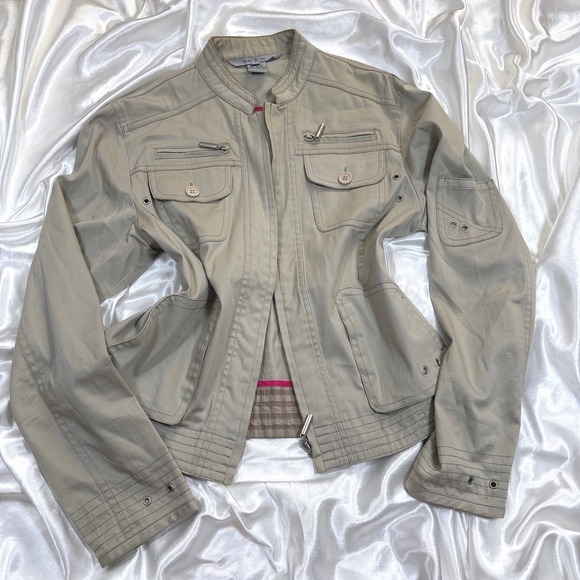 mac & jac Jackets & Blazers - y2k Mac & Jac Utility Jacket Tan Good Grommet Multi Pocket Zip Up Cotton Size 8